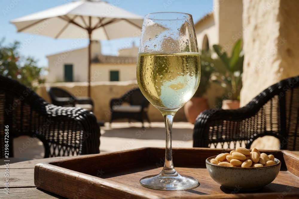Fototapeta premium Chilled glass of white wine sits on wooden tray with nuts, outdoor patio setting, sunny day. Relaxing resort ambience, perfect for summer vacation.