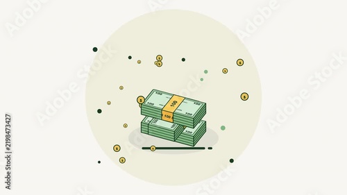 Vector isometric animation of criss-cross stacked 100 US dollar bills popping up with floating gold coins.