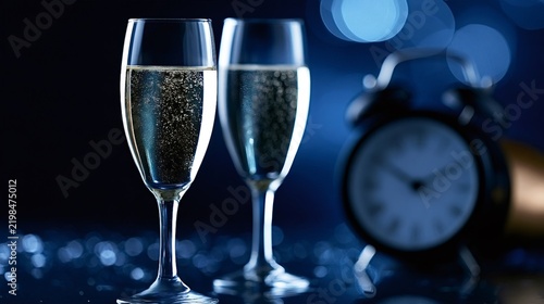 Two champagne flutes filled with sparkling wine stand ready for a new year's eve toast, with a vintage clock indicating midnight and blue bokeh lights creating a festive atmosphere