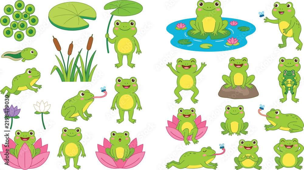 Obraz premium Cute Cartoon Frog & Pond Life Icon Set – Colorful Vector Collection