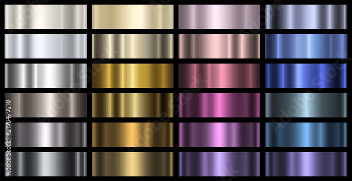 Set of shiny metallic color gradients on a black background. Metallic gradient effects for text and infographic design. A collection of metal banners. Vector EPS 10.