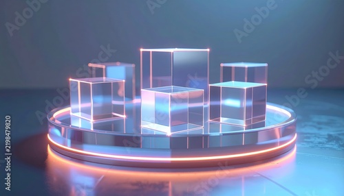 Abstract translucent cubes connected by glowing lines above circular glass podium, futuristic digital network concept