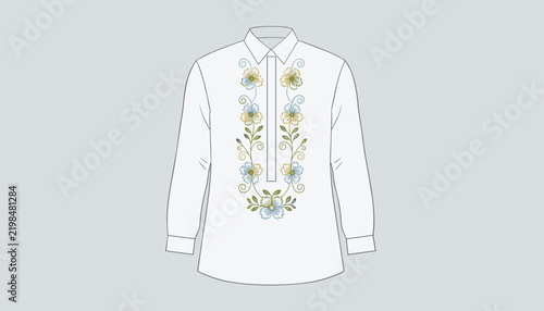 Filipino barong tagalog shirt illustration with elegant blue and green floral embroidery on light grey background.