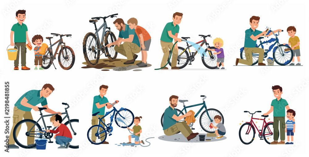 Fototapeta premium Set of father and son characters washing and cleaning bicycles together vector illustration