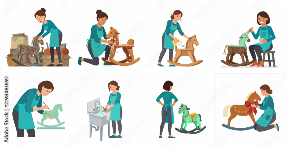 Fototapeta premium Woman restoring old wooden rocking horse step-by-step, DIY toy repair and upcycling concept vector illustrations.