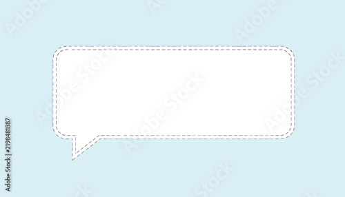 Blank rectangular speech bubble with a dashed line border on a light blue background leaving space for custom text.