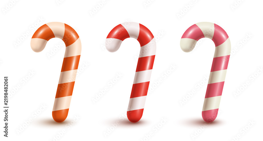 Fototapeta premium Three glossy candy canes stand upright against a white background. Vector EPS 10.