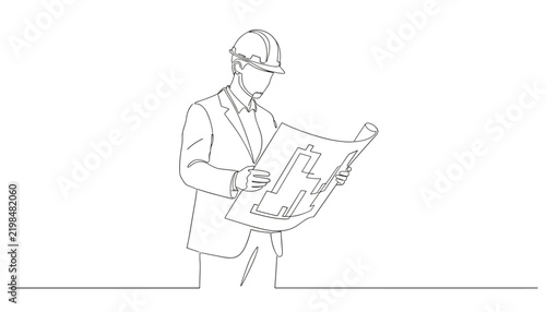 Single continuous line drawing of a professional architect or engineer wearing a hard hat and reviewing a building floor plan.