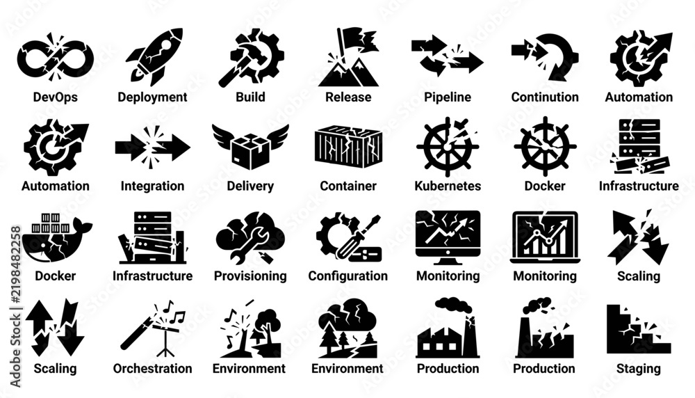 Fototapeta premium DevOps and cloud infrastructure icon set featuring deployment, build, release, pipeline, automation, integration, delivery, container, Kubernetes, Docker, provisioning, configuration, monitoring, scal