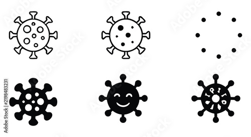 Black vector icons depict virus shapes and a seashell on a white background