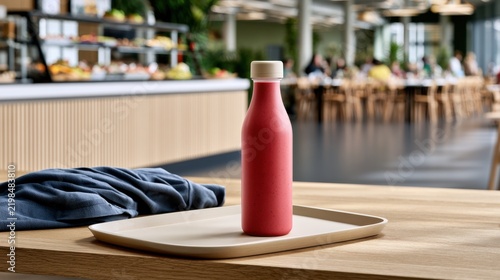 Pink smoothie bottle on wooden table in modern cafe interior for product mockup packaging and advertising design