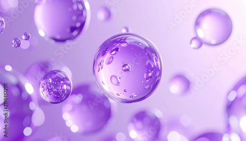 Purple cosmetic serum bubbles with molecular structures representing collagen and advanced skincare