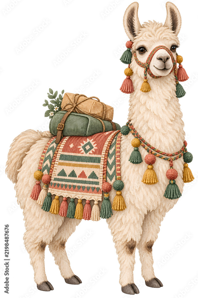 Fototapeta premium A whimsical llama adorned with festive tassels and colorful woven blankets, carrying gifts on its back, standing on a blurred background.