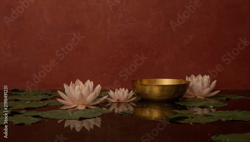 Lotus Flowers and a Golden Bowl on a Reflective Surface With a Red Background