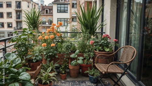 Balcony Garden With Various Plants and Flowers in an Urban Setting