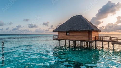Bright Wooden House on Stilts Over Clear Blue Water During Sunset