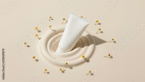 Cosmetic Cream Tube Placed in a Swirl of Product With Small Flowers Around It