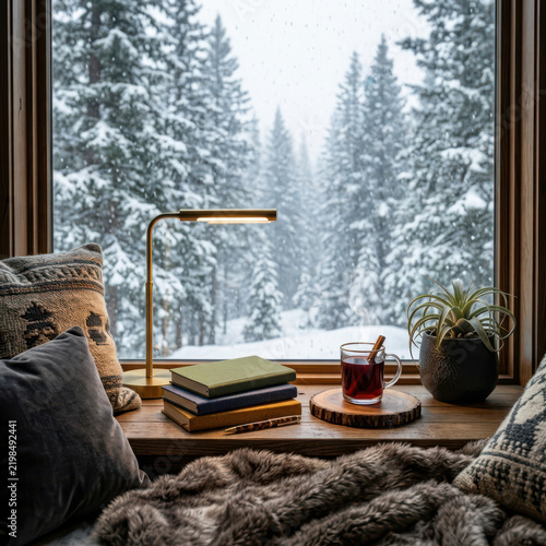 Cozy hygge window nook with mulled wine and snowy forest view