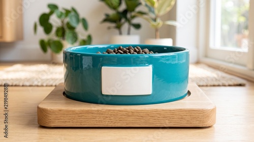 Teal ceramic pet bowl with blank white label on natural wood stand in bright modern home living room