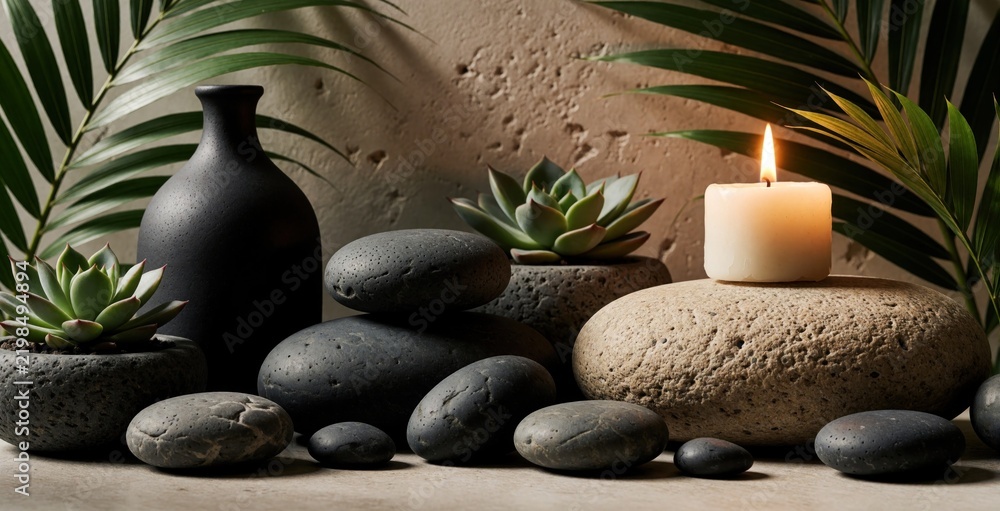 Obraz premium Minimalist spa setup with smooth black basalt stones, burning white candle. Green succulent plants in stone pots sit near dark matte vase. Tropical palm leaves create soft shadows on textured wall