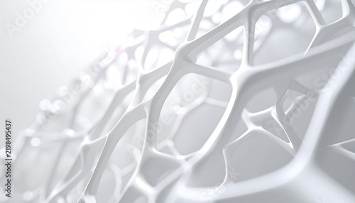 White Voronoi lattice structure with interconnected geometric lines and subtle spectrum reflections