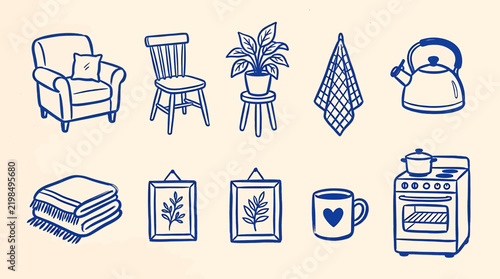 Set of handdrawn home interior icons and cozy household items