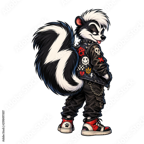 Rebellious Punk Skunk Character in Leather Jacket with Oversized Tail