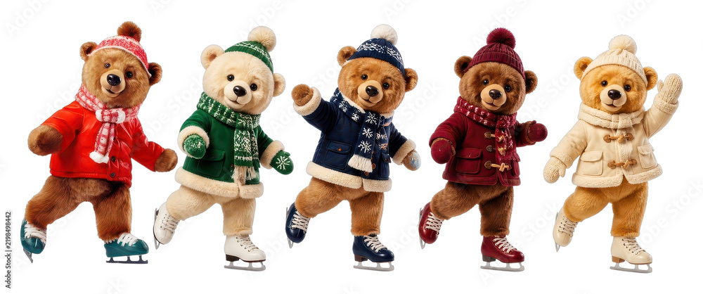 Fototapeta premium Five teddy bears in festive winter outfits, PNG transparent background