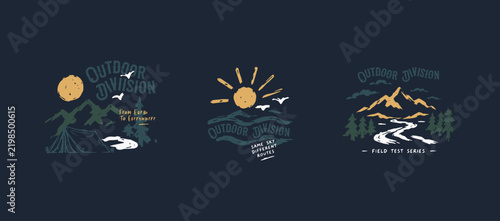 Vintage Outdoor Adventure Logo Set Hand-Drawn Retro Camping and Nature Graphics for T-Shirt Design
