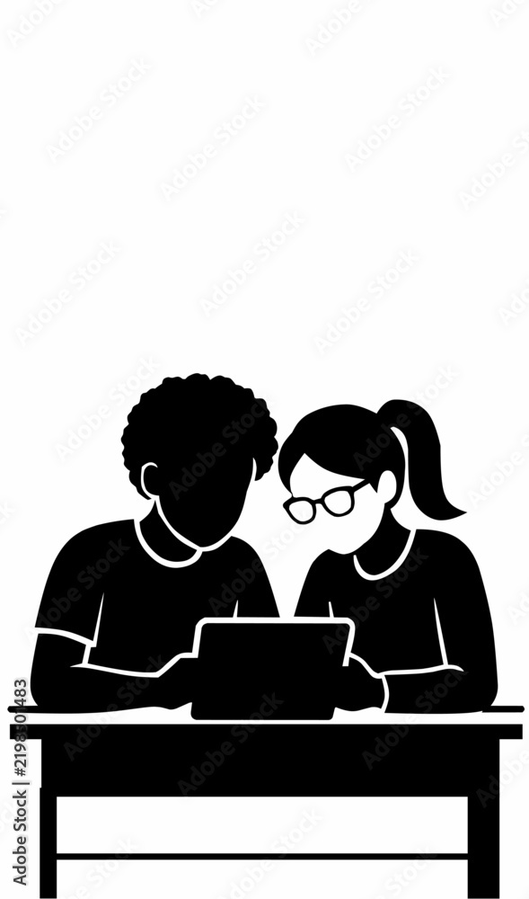 Fototapeta premium Couple or team working together on laptop computer illustration.
