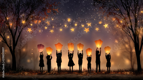 Children silhouettes carrying glowing paper lanterns at dusk, celebrating a traditional autumn festival under string lights and stars, warm, peaceful, community moment.St. Martin's Day celebration