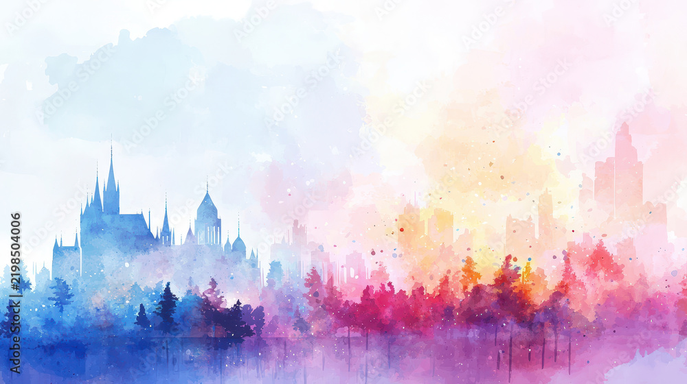 Obraz premium Dreamy watercolor landscape featuring castle silhouette, vibrant colors, and soft clouds creating magical atmosphere