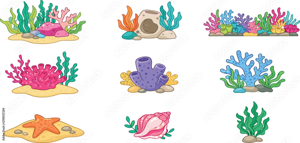 Obraz premium Underwater Coral Reef Element Icon Set with Seaweed, Anemones, Starfish, Seashell, and Ocean Plants for Marine Biology Aquarium and Nature Designs