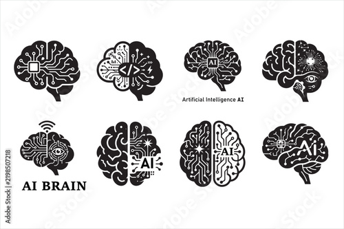 Collection of AI brain illustrations with different expressions and shapes