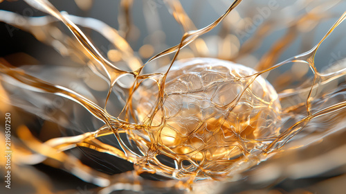 Close up view of futuristic cell structure surrounded by intricate golden filaments, representing advanced biological technology and innovation