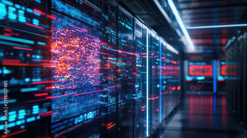 Futuristic digital data center with vibrant lights and advanced technology showcasing server racks and data flow
