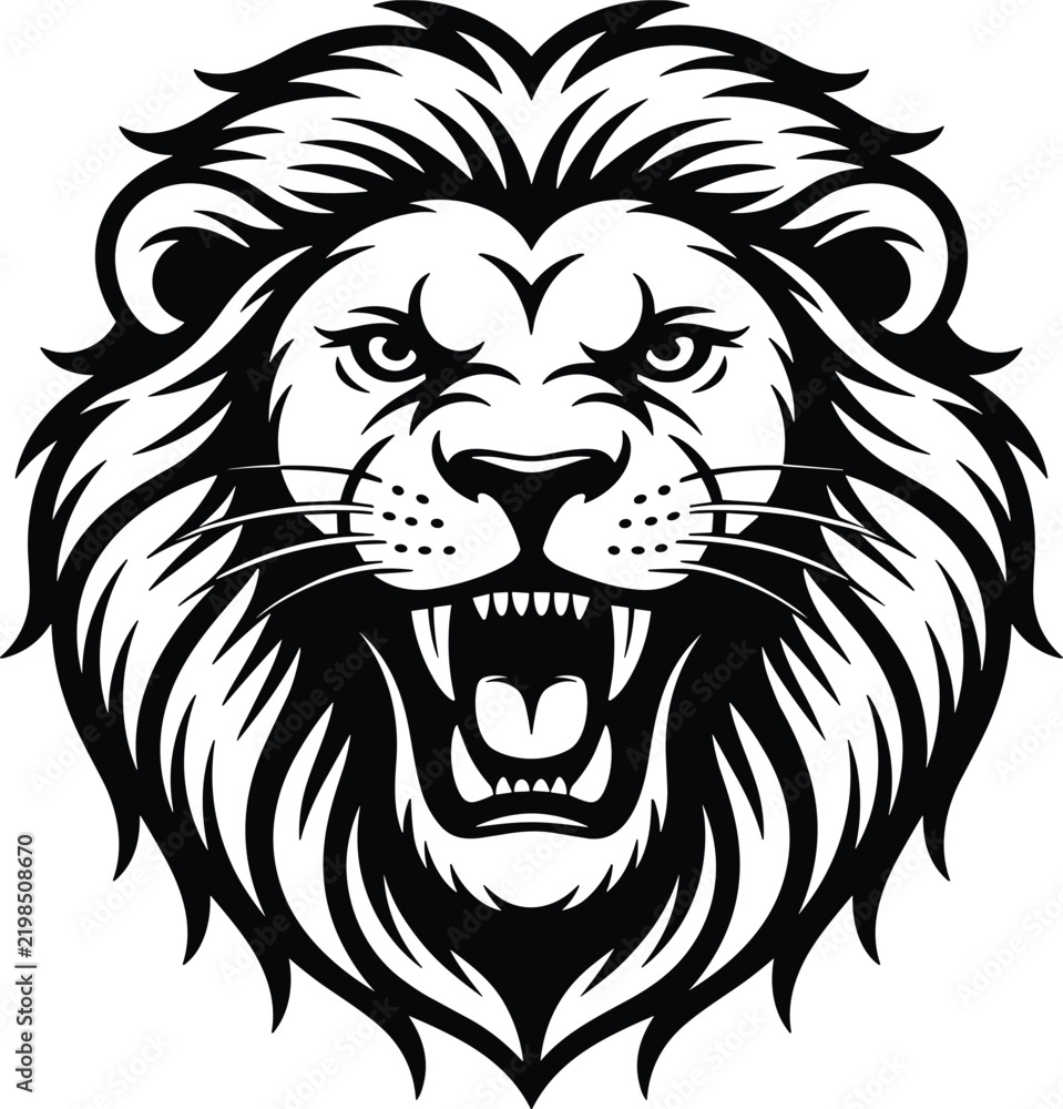 Fototapeta premium Powerful lion head silhouette with a thick mane and open mouth, isolated on a solid white background