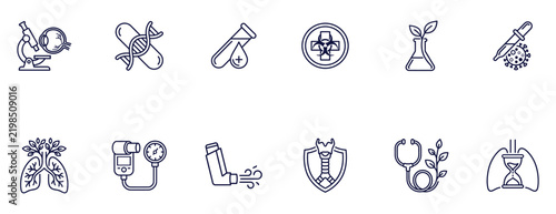 Biotechnology and Pulmonology Line Icons Set, Respiratory Medicine, Clinical Laboratory Research, Vector Symbols Isolated on White