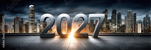 Golden 2027 numbers stand prominently on a dark concrete platform overlooking a vibrant, illuminated cityscape at night, representing the upcoming year, future goals, and urban progress