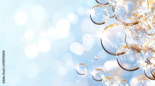 Gradient bubbles create mesmerizing effect against soft blue background, evoking sense of tranquility and joy