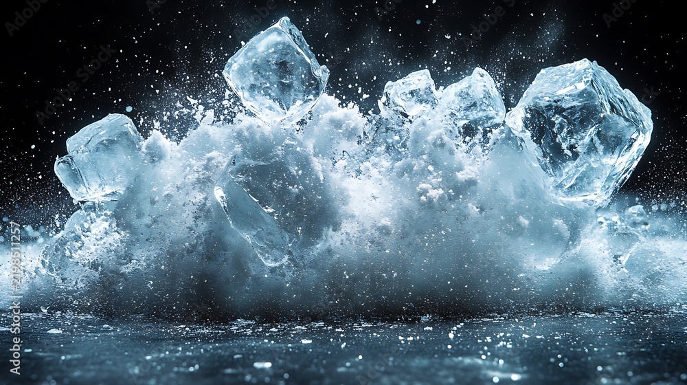 Obraz premium A large burst of many light blue ice shards and cold vapor exploding upwards powerfully