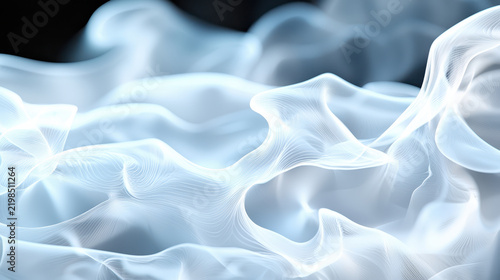 Translucent wisps of grey and white flow gracefully against dark background, creating serene and ethereal atmosphere