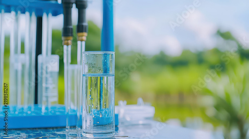 Clear water in glass with laboratory equipment in background, showcasing groundwater quality testing in natural setting