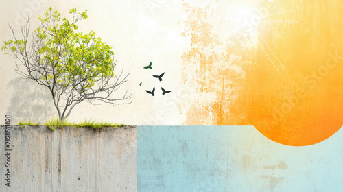 Vibrant illustration of tree with fresh green leaves growing from concrete surface, accompanied by birds flying sky and bright sun. artwork
