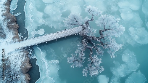 A stunning frosty tree with rime ice branches stretches across a partially frozen teal lake