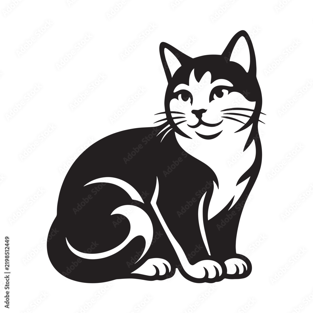 Obraz premium Cat vector illustration, tuxedo cat sitting silhouette, black and white pet design element