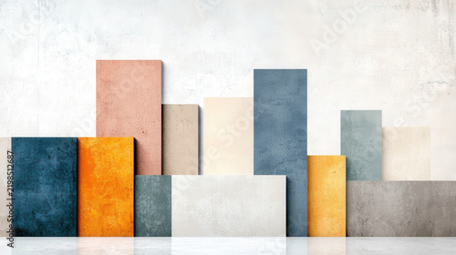 Modern abstract composition featuring geometric shapes in various colors and textures, creating harmonious visual effect