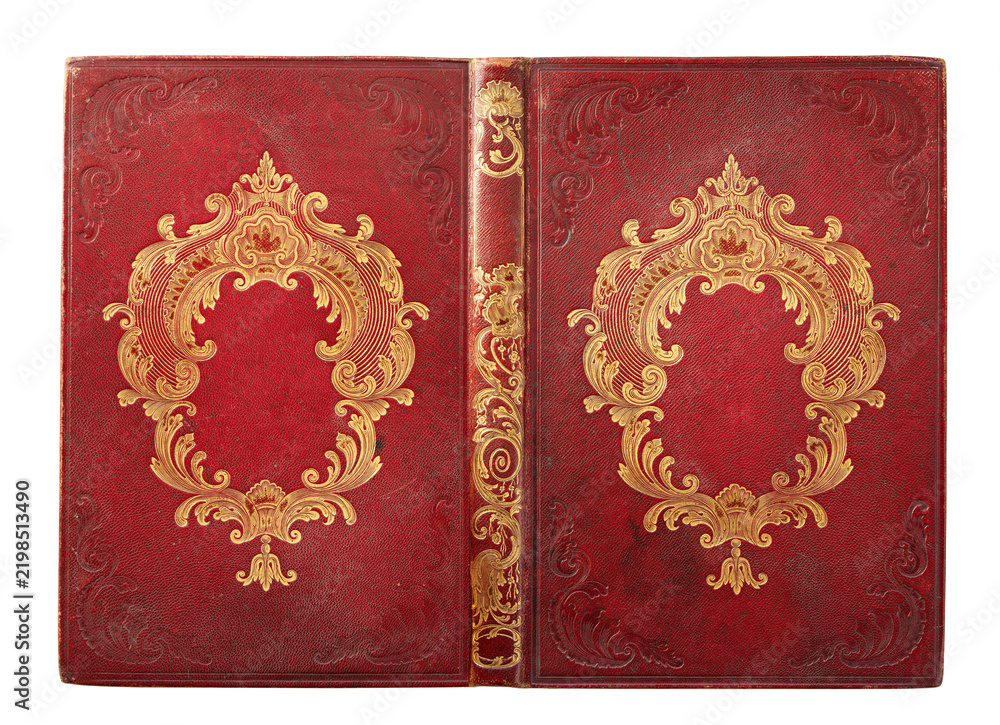 Obraz premium Antique red morocco leather book binding with elaborate gilt rocaille ornament, floral motifs and decorative corner tooling. Rich embossed cover with elegant baroque and rococo decoration.