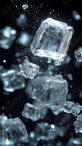 Glistening ice cubes and sparkling water particles float suspended against a dark, out of focus background