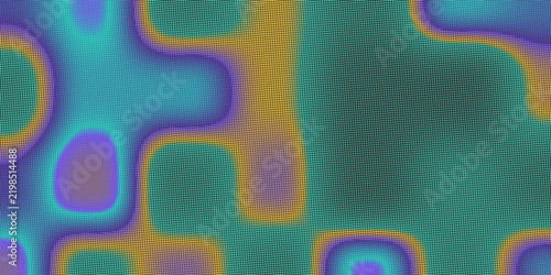 Abstract liquid shapes with halftone grid texture in vibrant blue and gold
